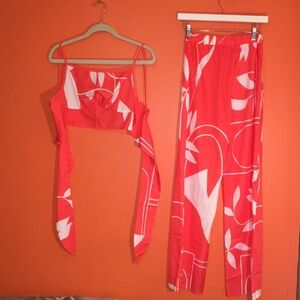 Orange & White  Floral Women's 2 Piece Set Wide Leg Pants & Crop Top Size Medium